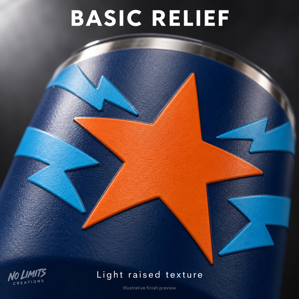 Basic relief illustrative tumbler finish with orange star and blue lightning