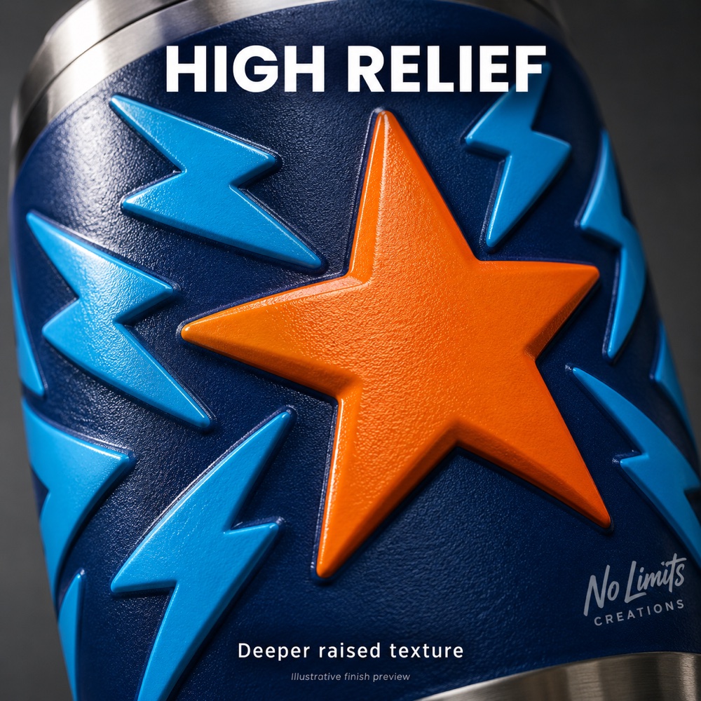 High relief illustrative tumbler finish with orange star and blue lightning