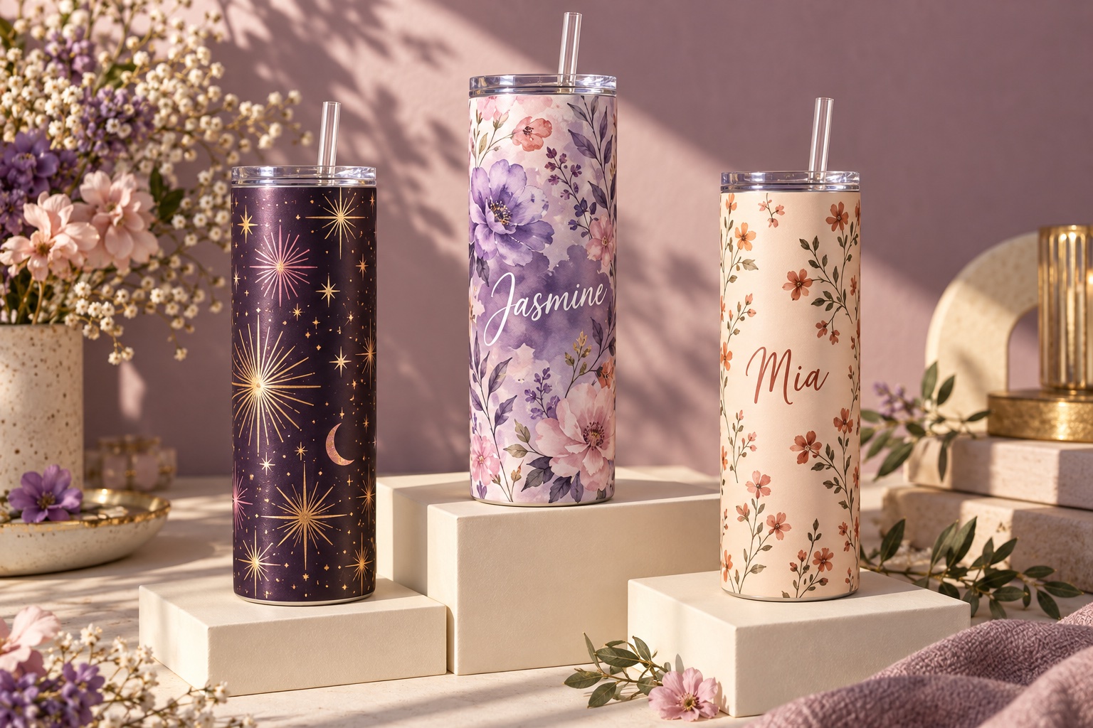 Illustrative floral and celestial personalized tumbler designs