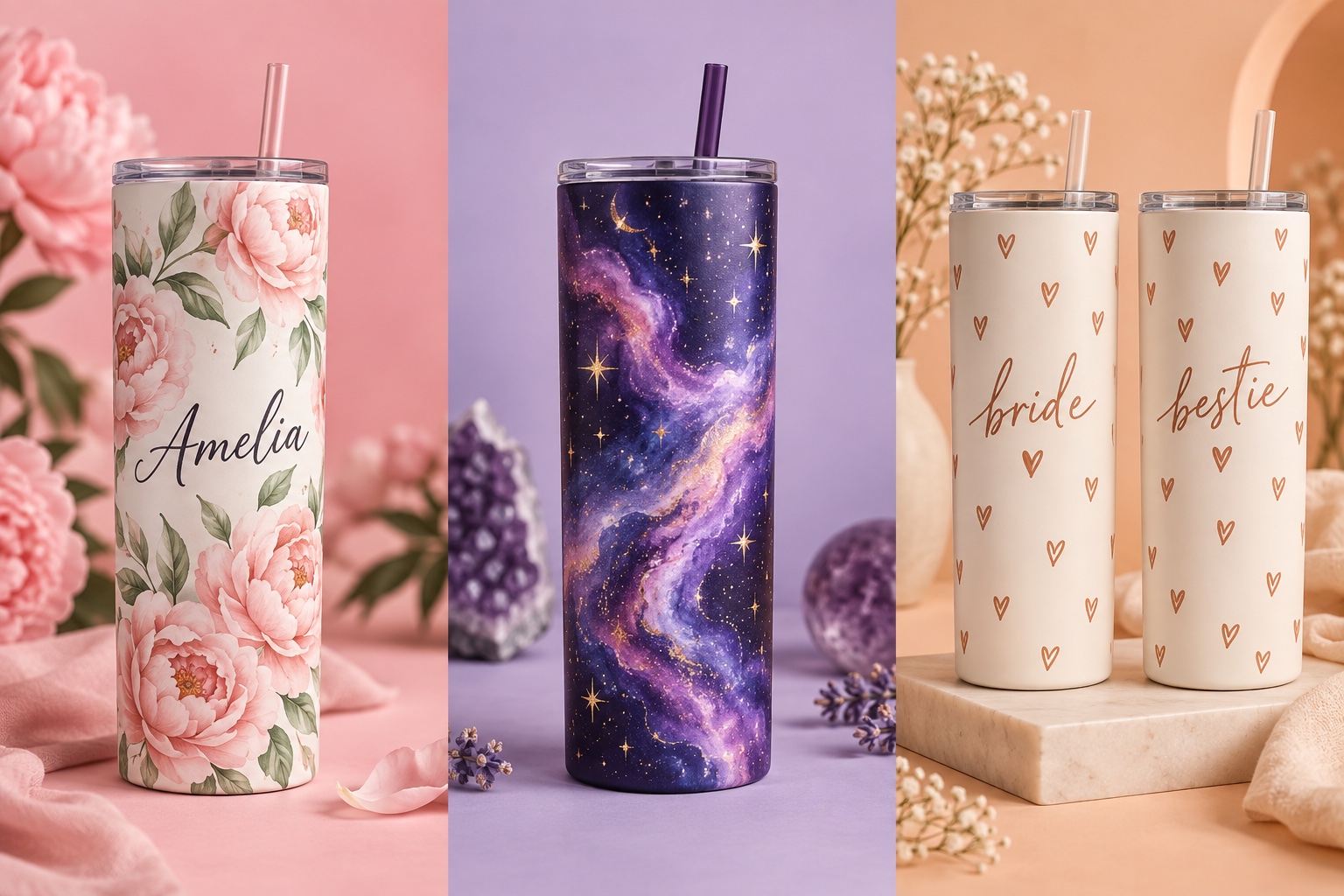Illustrative floral tumbler personalized with the name Amelia